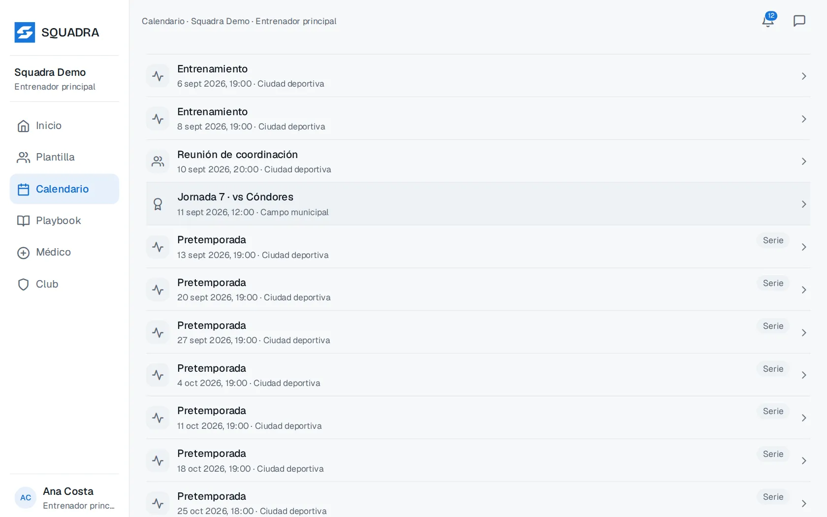 A club calendar in Squadra: training sessions, a meeting and the round’s fixture, with pre-season tagged as a series