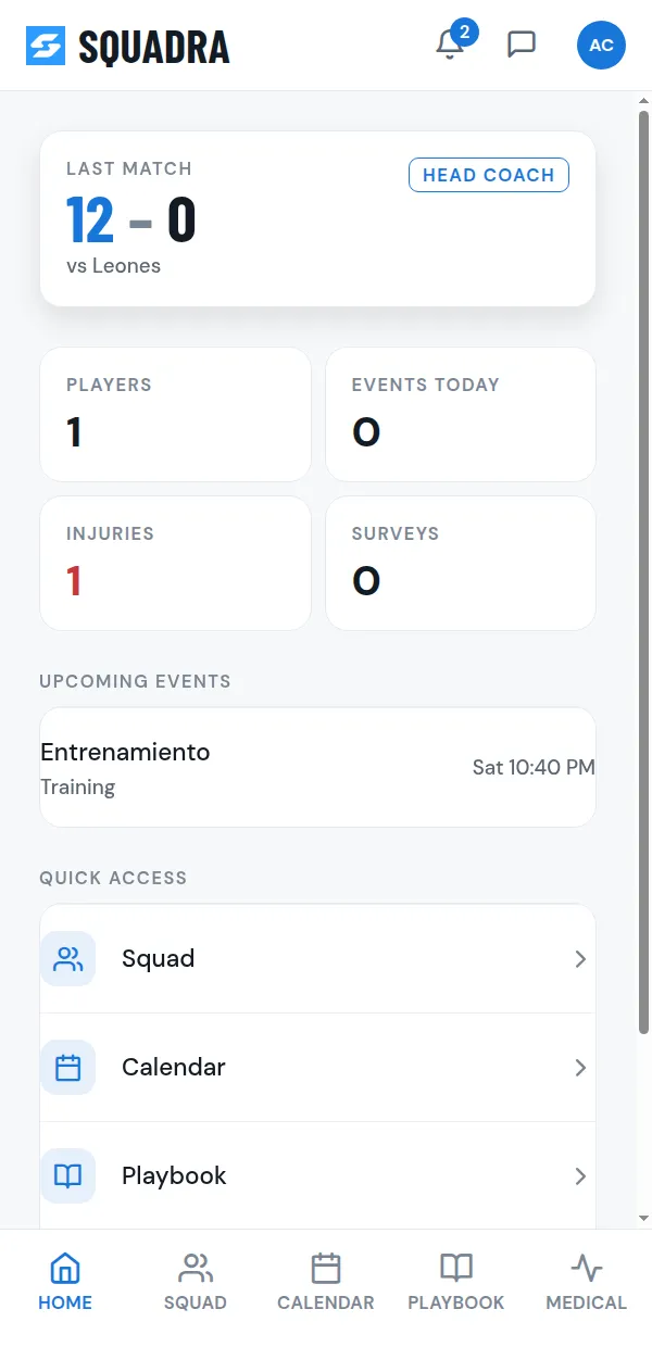 Panel de un entrenador en Squadra con el marcador del último partido y el estado del equipo